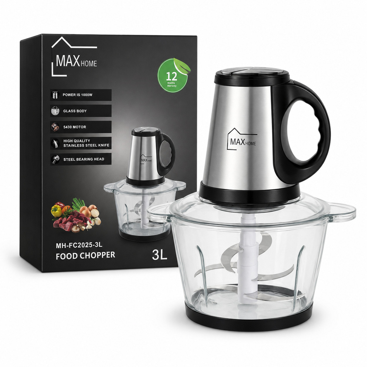 Universal doğrayıcı MAXhome MH-FC2025-3L, 1000 Vt, 3 L, Gümüşü, Qara