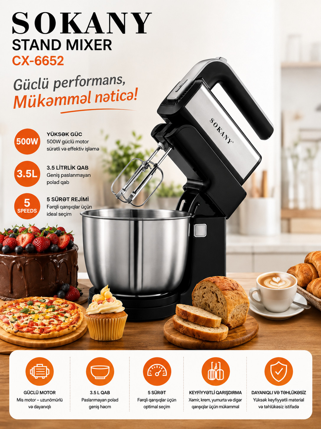 Stasionar mikser Sokany CX-6652 500 W 5 sürətli gümüşü-qara — 1