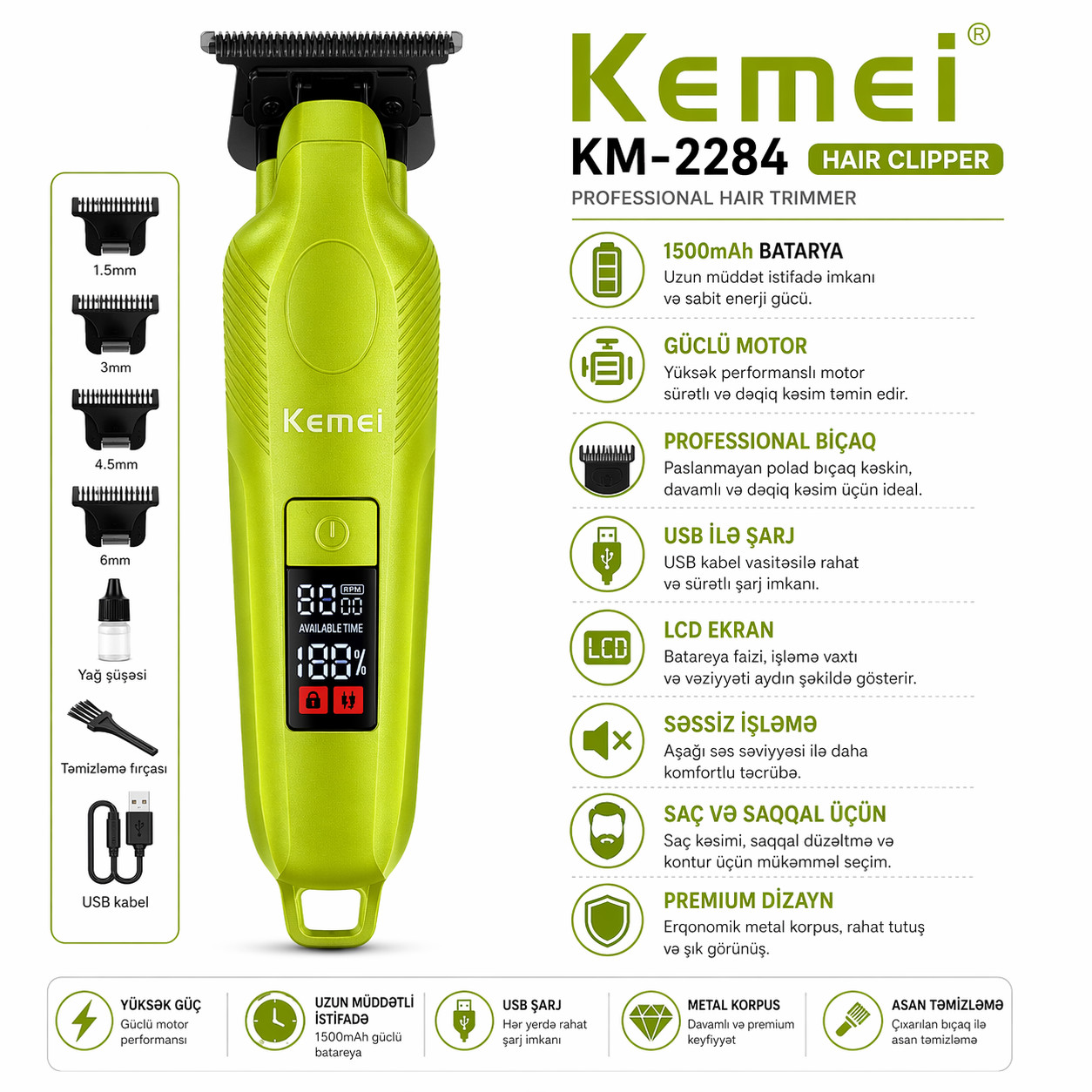 Saç kəsimi üçün trimmer Kemei KM-2284 Green — 1