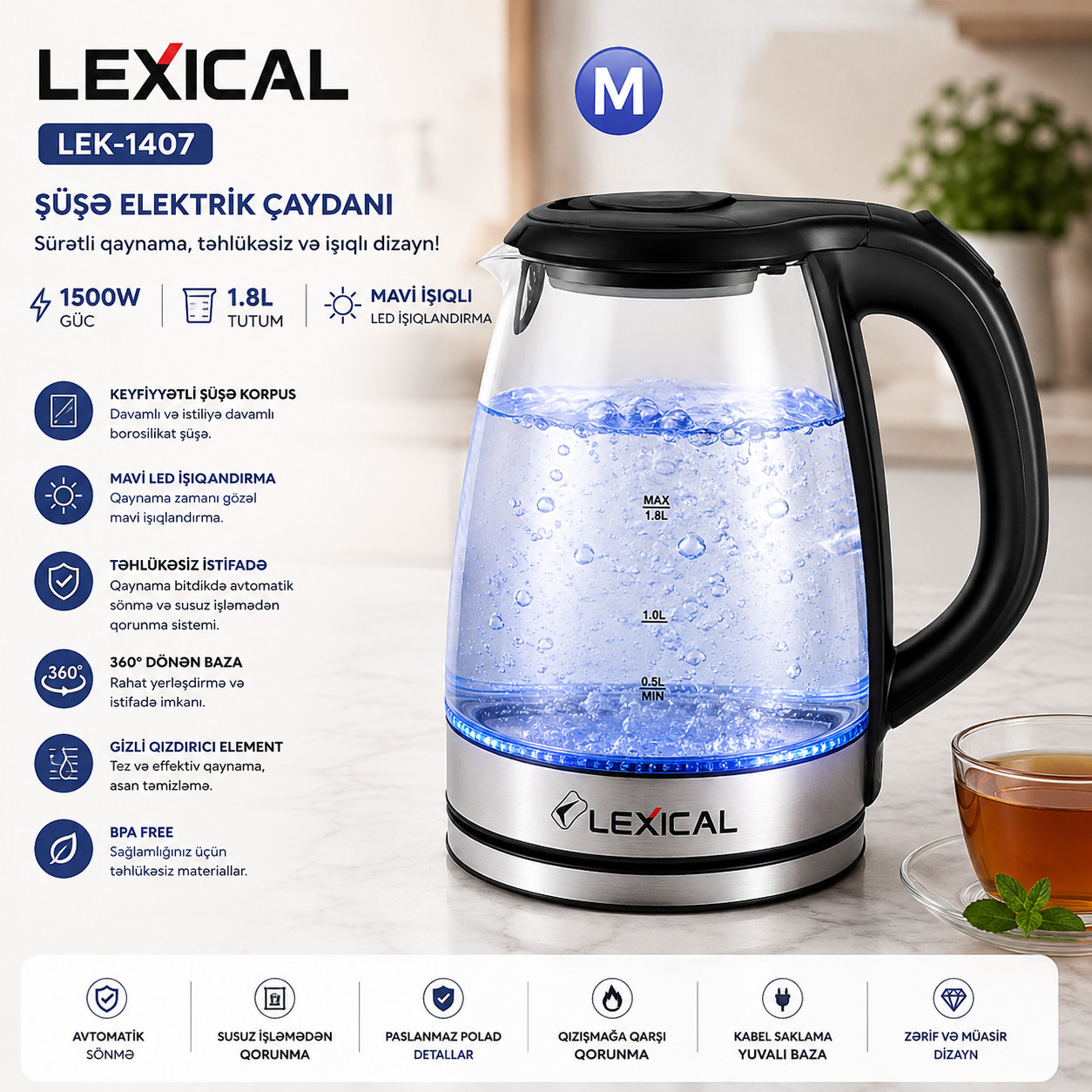 Elektrik çaydan Lexical LEK-1407, 1.8 L, şəffaf, 1500 Vt — 1