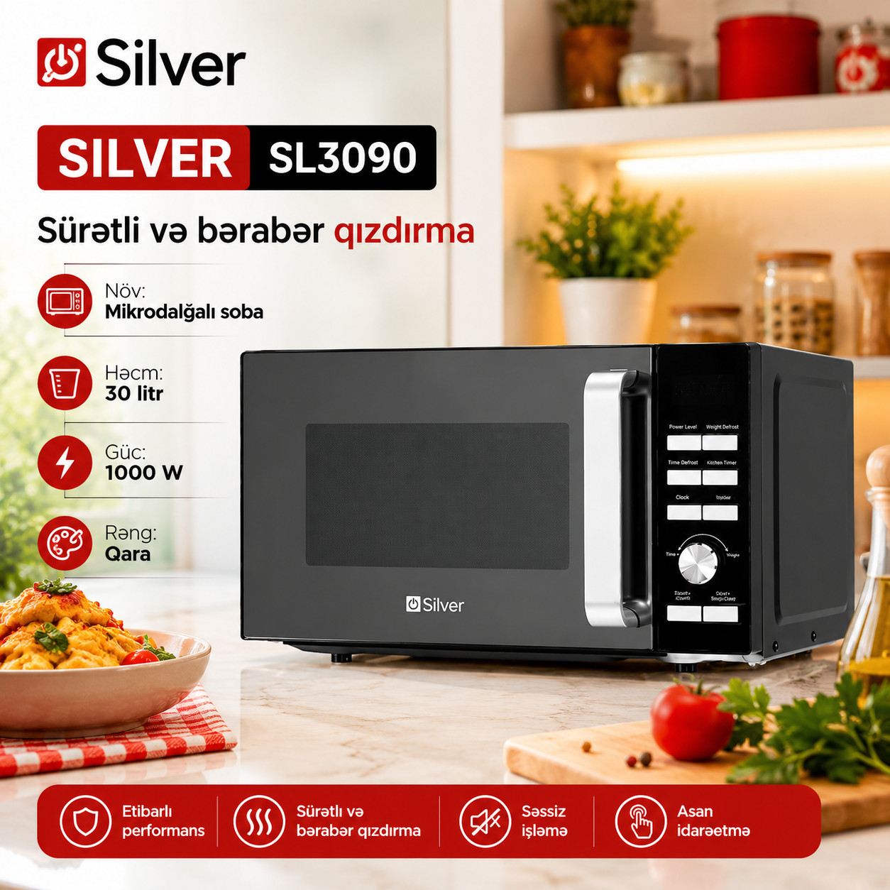 Mikrodalğalı soba Silver SL-3090, 30 L, 1000 Vt, qara — 1
