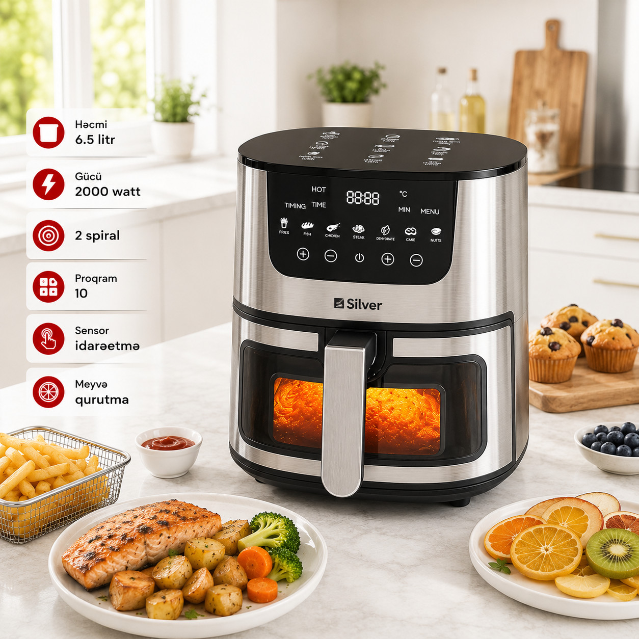 Aerofritür Silver SL-6512, 6.5 l, 2000 W, gümüşü/qara — 1
