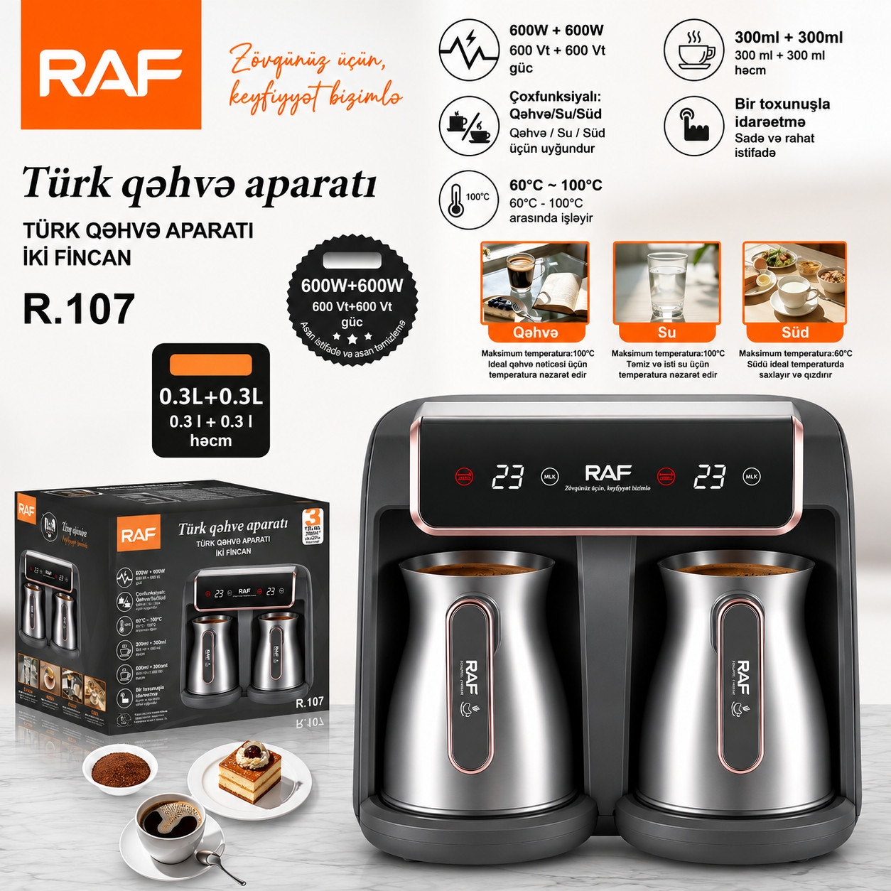 Qəhvəbişirici RAF R.107, Electric Cofee Bisirici, Kapsullar/Üyüdülmüş, Damcılı, Boz, 1200 Vt — 1