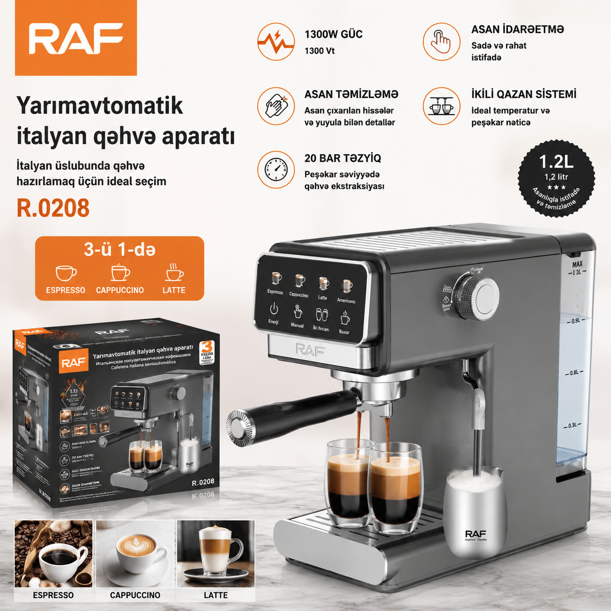 Qəhvəbişirən RAF R.0208 Borulu Dənələr, Kapsullar, Üyüdülmüş Boz 1300 Vt 1.2LT — 1