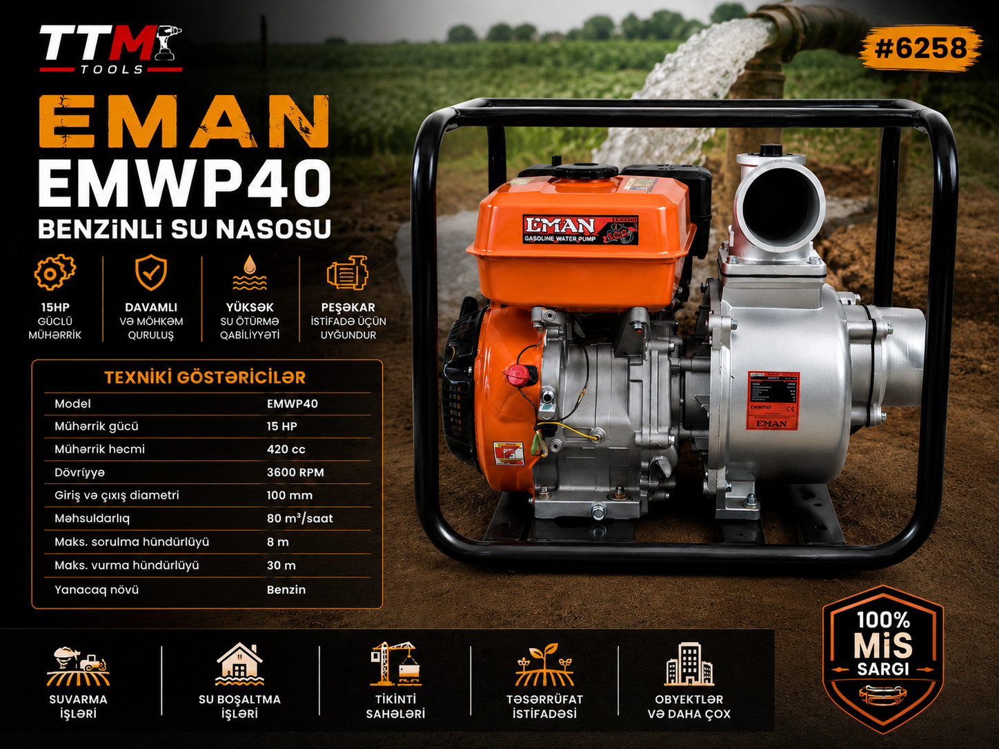 Bağ nasosu Eman EMWP40, 1200W, 30 m, 80 litr/dəq — 1