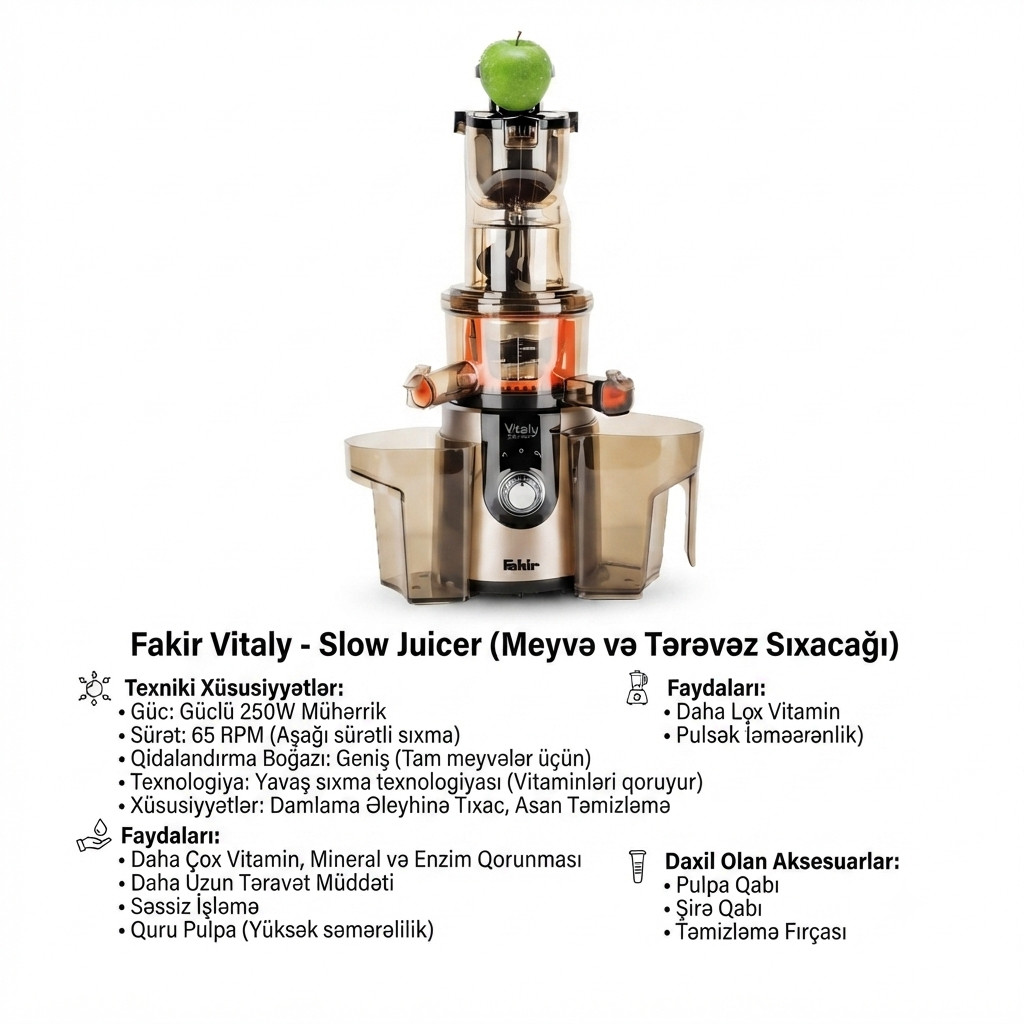 Şirəçəkən Fakir Vitaly Slow Juicer Meyvə və Tərəvəz Sıxacağı, Sitrus üçün, 250 Vt, 1 L, Xarici şirə üçün rezervuar — 1