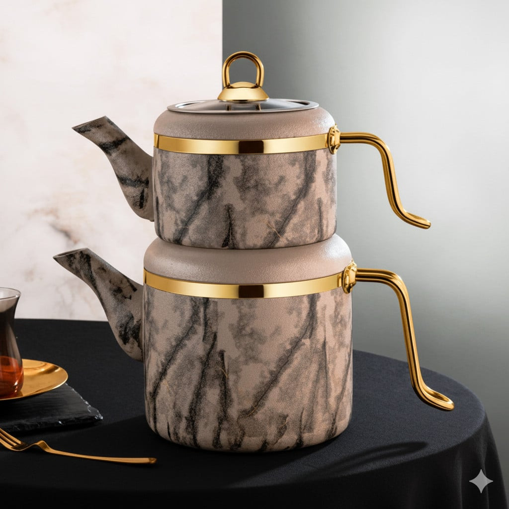 Çaydan dəsti Ozlife Daş granit, 2 əd, qapaqla, krem, tutacaqları qızılı, ağır model, yüksək keyfiyyətli, özəl model - Kahn shop030271 — 1