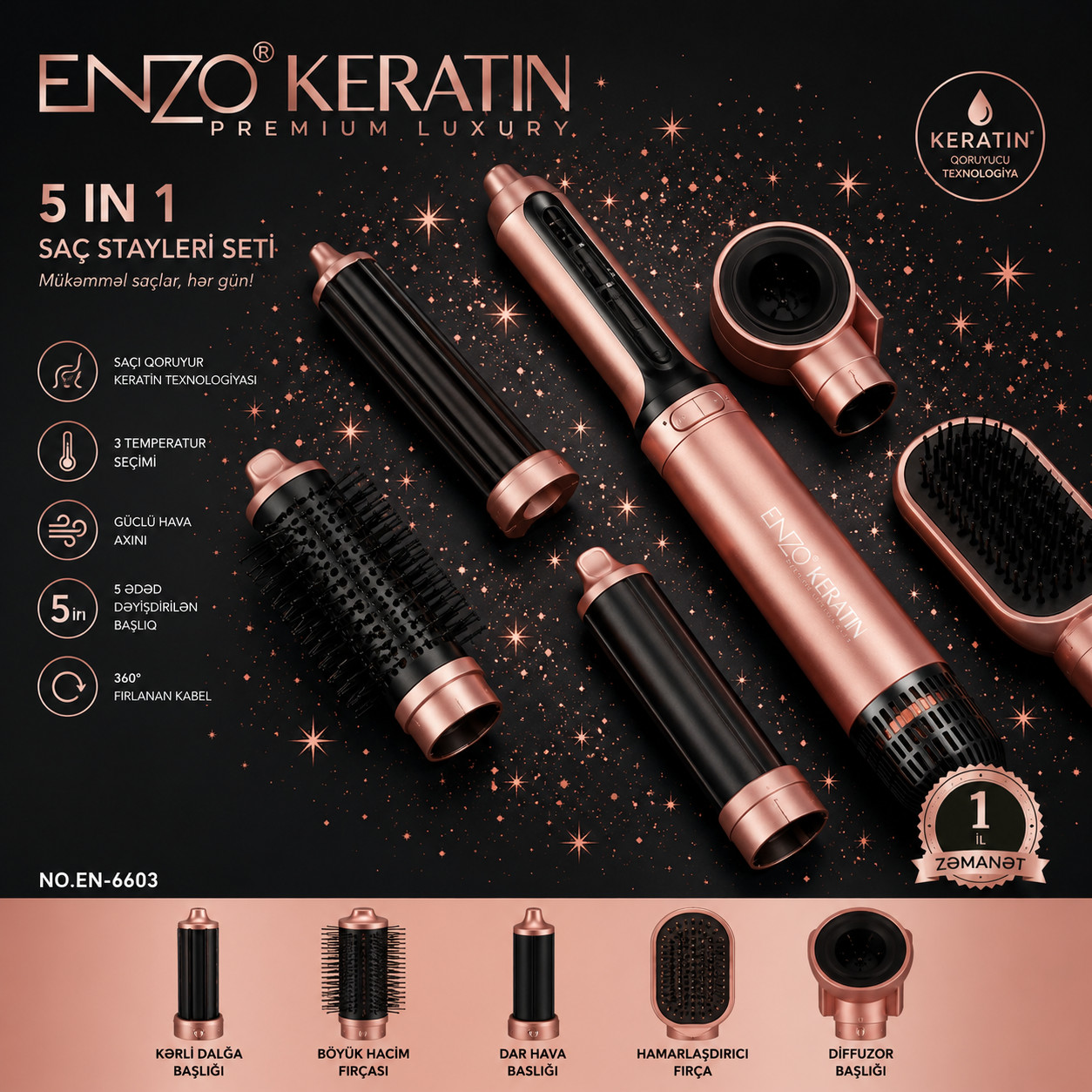 Multistayler Enzo Keratin EN-6603, 1000 Vt, Çəhrayı, 6 taxma — 1
