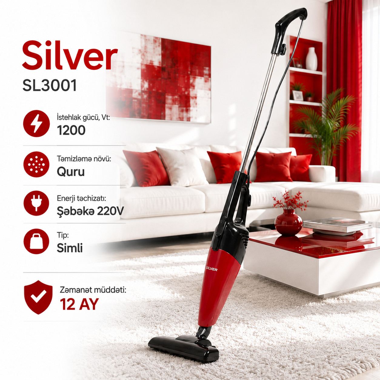 Vertikal tozsoran Silver SL-3001 quru 1200 W qırmızı — 1