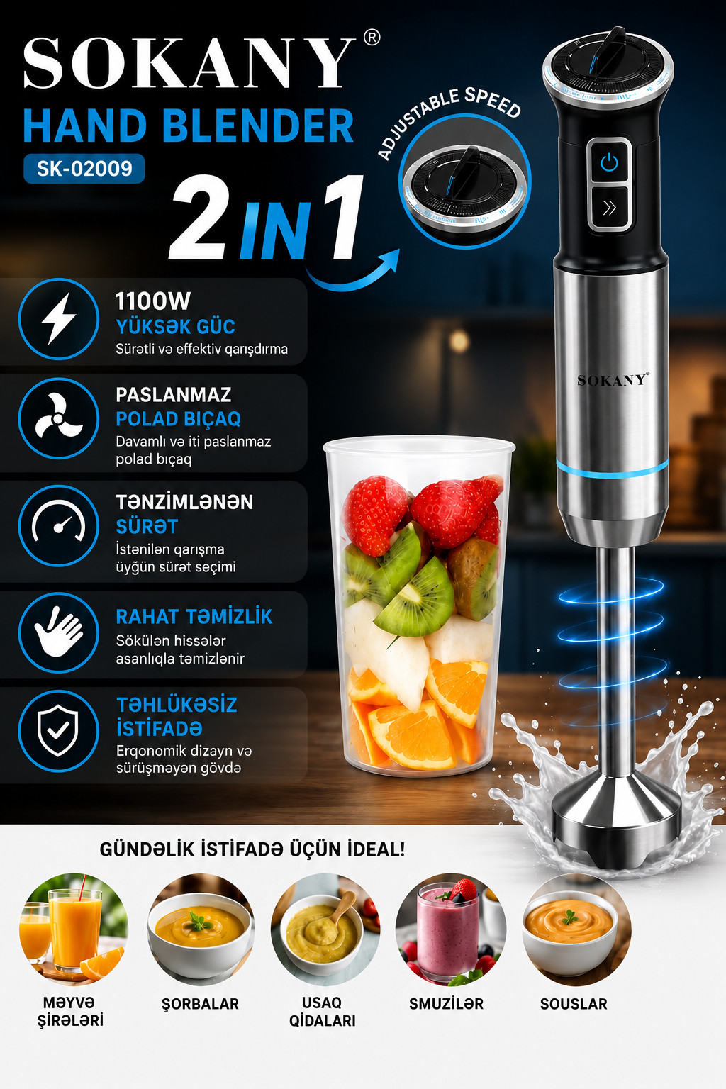 Blender Sokany SK--02009, Elektromexaniki, 1 L, Gümüşü — 1