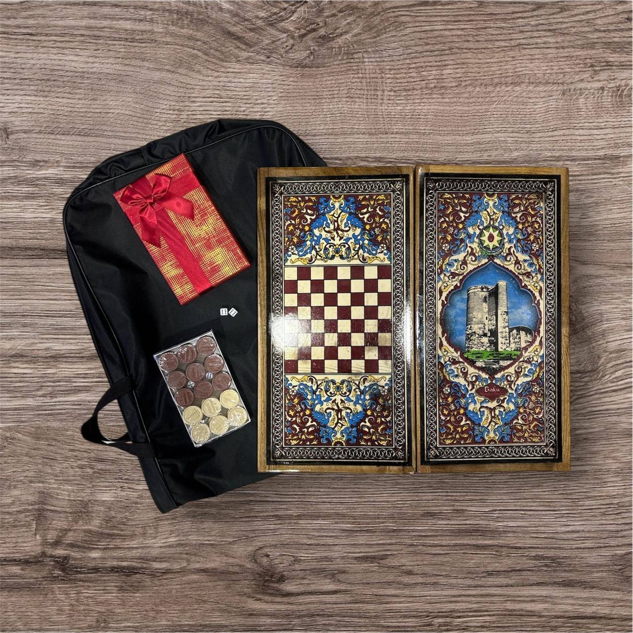 Nərd dəsti Mini, hədiyyəlik, əl işi, oyma qoz ağacı, 45x23 sm, Azərbaycan istehsalı - aznerd251 — 1