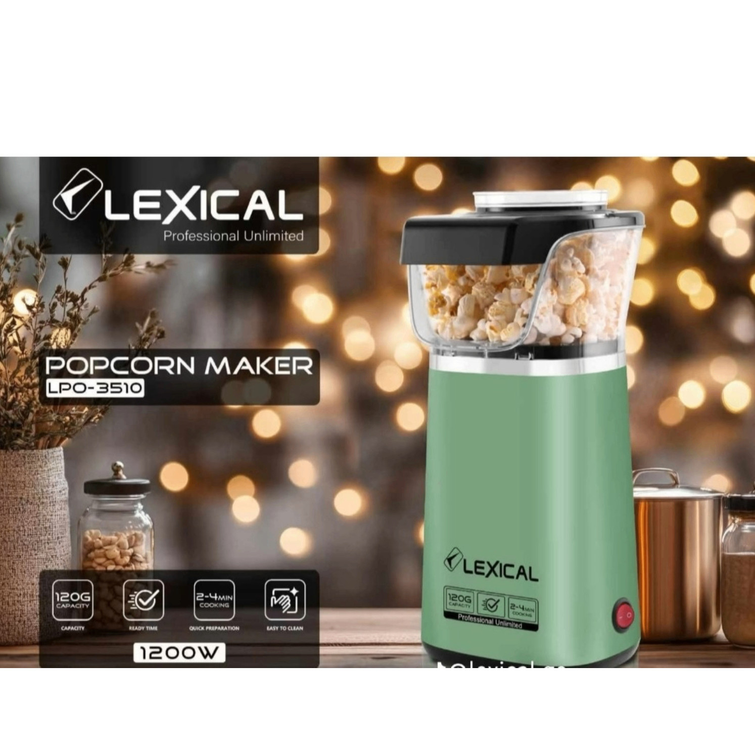 Popkorn hazırlayan cihaz Lexical LPO-3510, 1200 Vt, yaşıl — 1