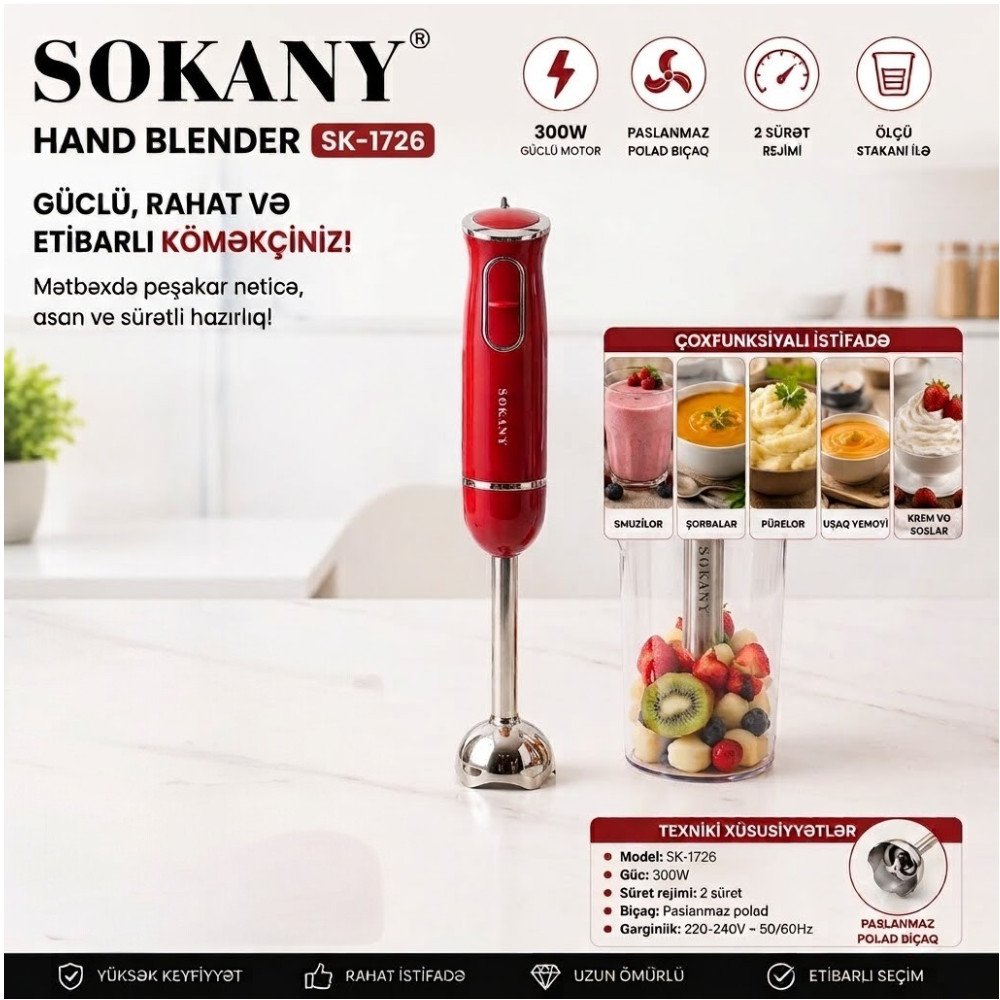 Blender Sokany SK-1726, Salınma, Elektromexaniki, 0.5 L, Qırmızı — 1