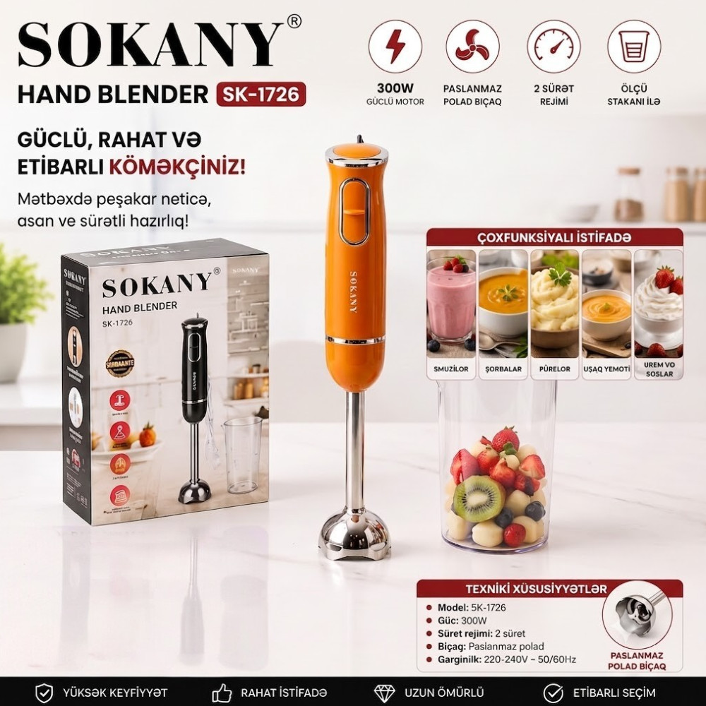 Blender Sokany SK-1726, Salınma, Elektromexaniki, 0.5 L, Narıncı — 1