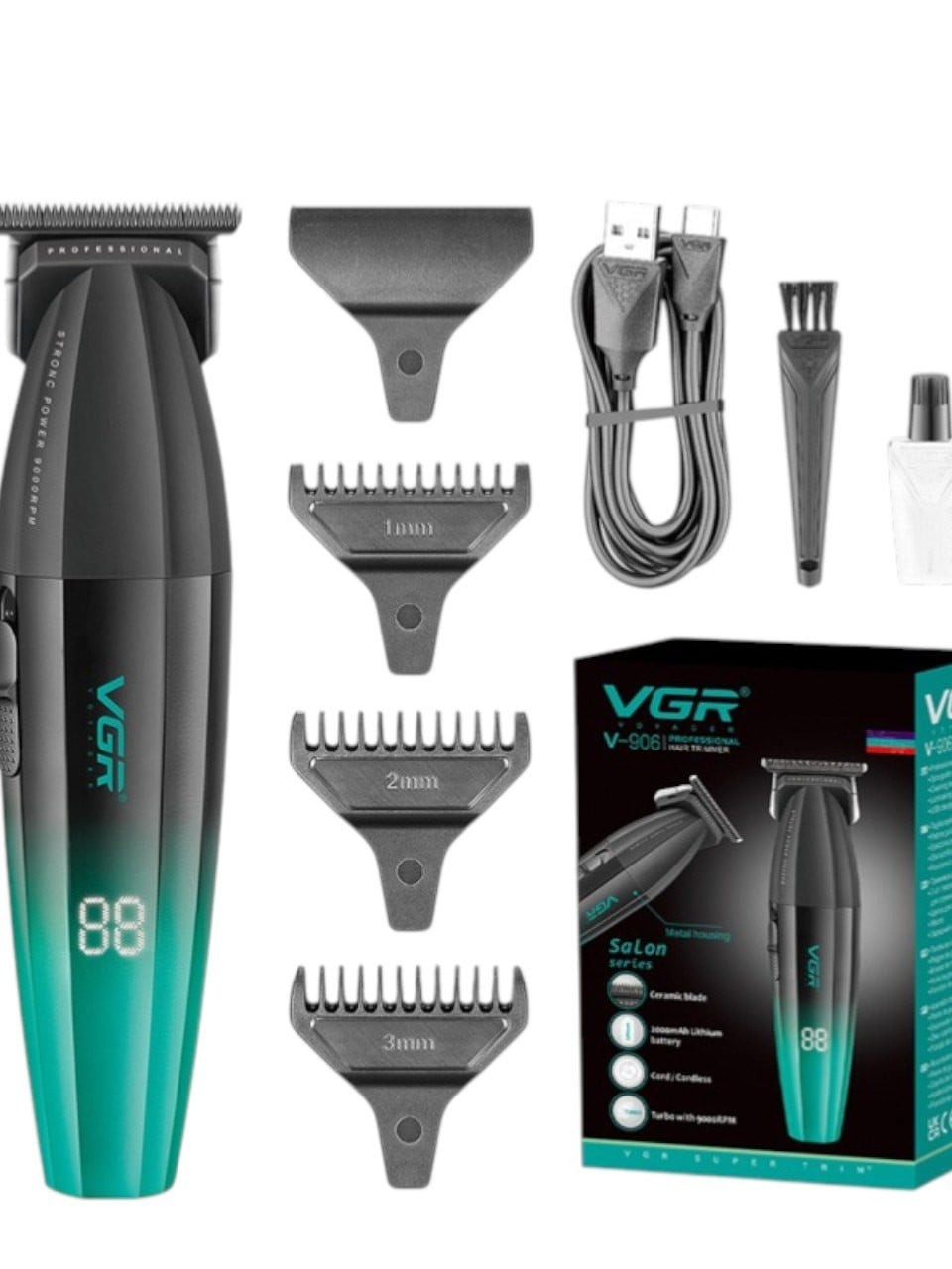 Trimmer VGR V-906, 9000 rpm, 0 mm kəsim, DLC/keramik bıçaqlar, batareya 2000 mAh, 240 dəq işləmə, USB Type-C, LED displey, mavi (DespcityEc19) — 1