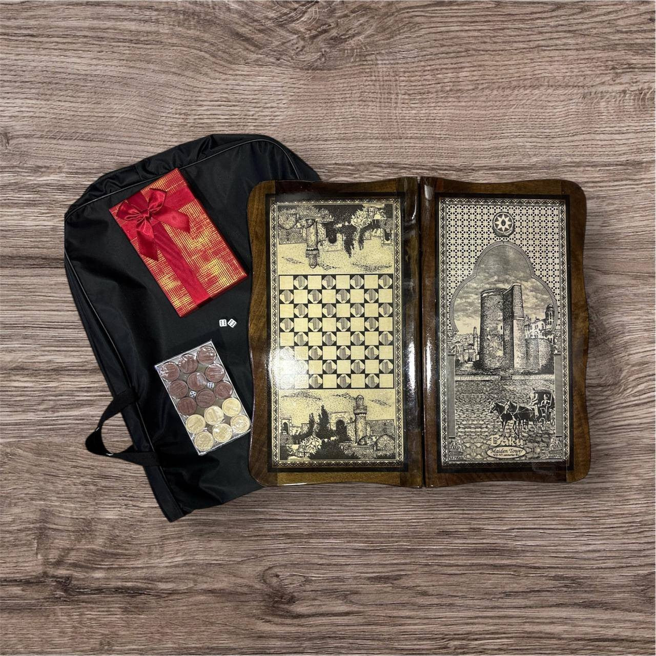 Nərd dəsti Mini, hədiyyəlik, qoz ağacından oyma, əl işi, 45x23 sm - aznerd250 — 1