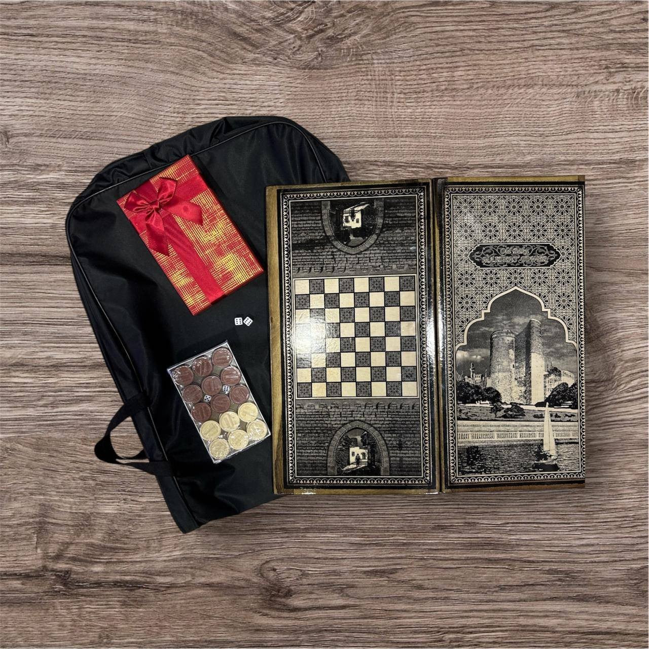 Nərd dəsti Mini, hədiyyəlik, əl işi, oyma qoz ağacından, 45x23 sm, Azərbaycan istehsalı - aznerd249 — 1