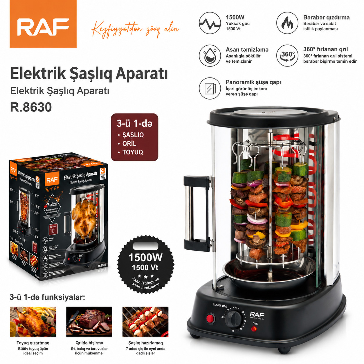 Elektrik manqal RAF R.8630 Açıq Raklet qrili Döşəməüstü Masaüstü 1500 Vt — 1