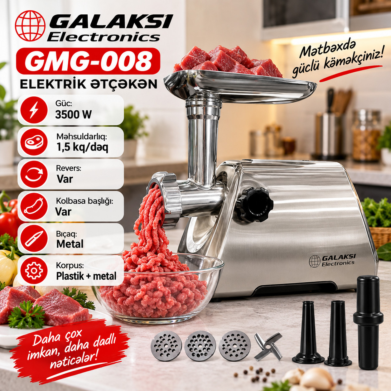 Ətçəkən maşın Galaksi GMG-008, 3500 Vt, 1.5 kq/dəq, Ev kolbasası üçün, Gümüşü — 1