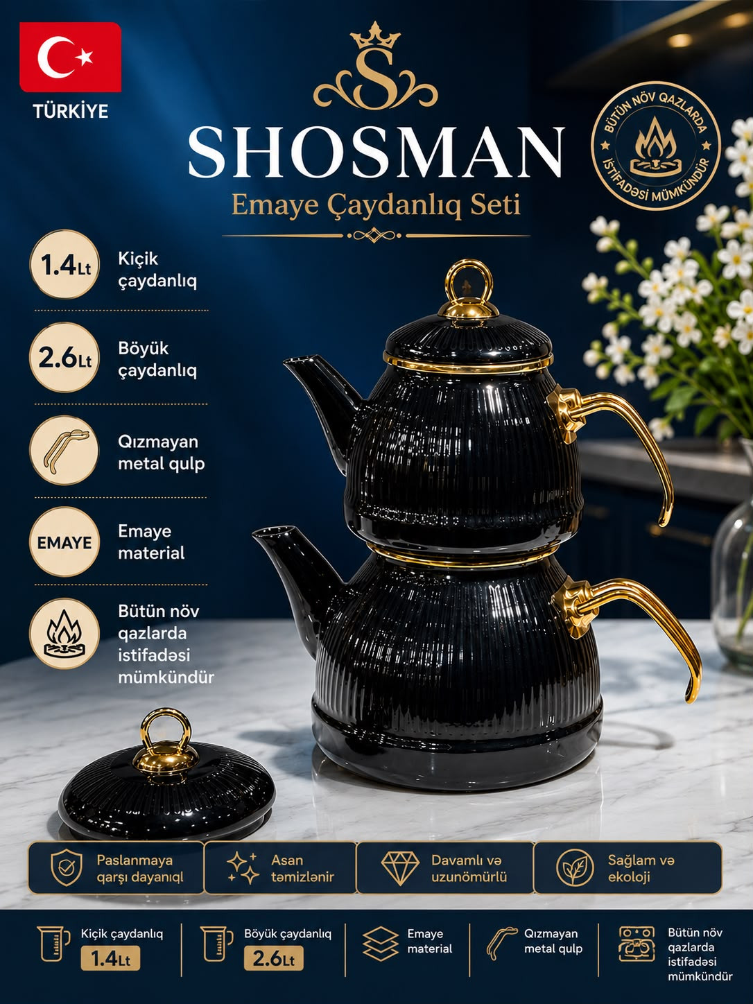 Çaydan dəsti Shosman, paslanmayan polad, 1400 ml/2600 ml, qara — 1