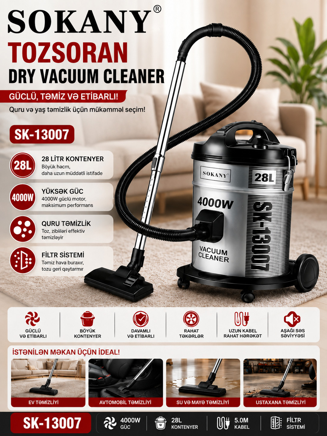 Tozsoran Sokany SK-13007 4000 W quru 3.5 l konteynerli — 1