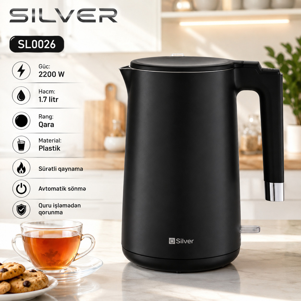 Elektrik çaydan Silver SL0026, 1.7 L, Qara, 2200 Vt — 1