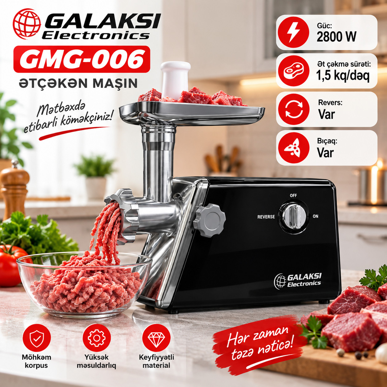 Ətçəkən maşın Galaksi GMG-006, 2800 Vt, 1.5 kq/dəq, Ev kolbasası üçün, Qara — 1