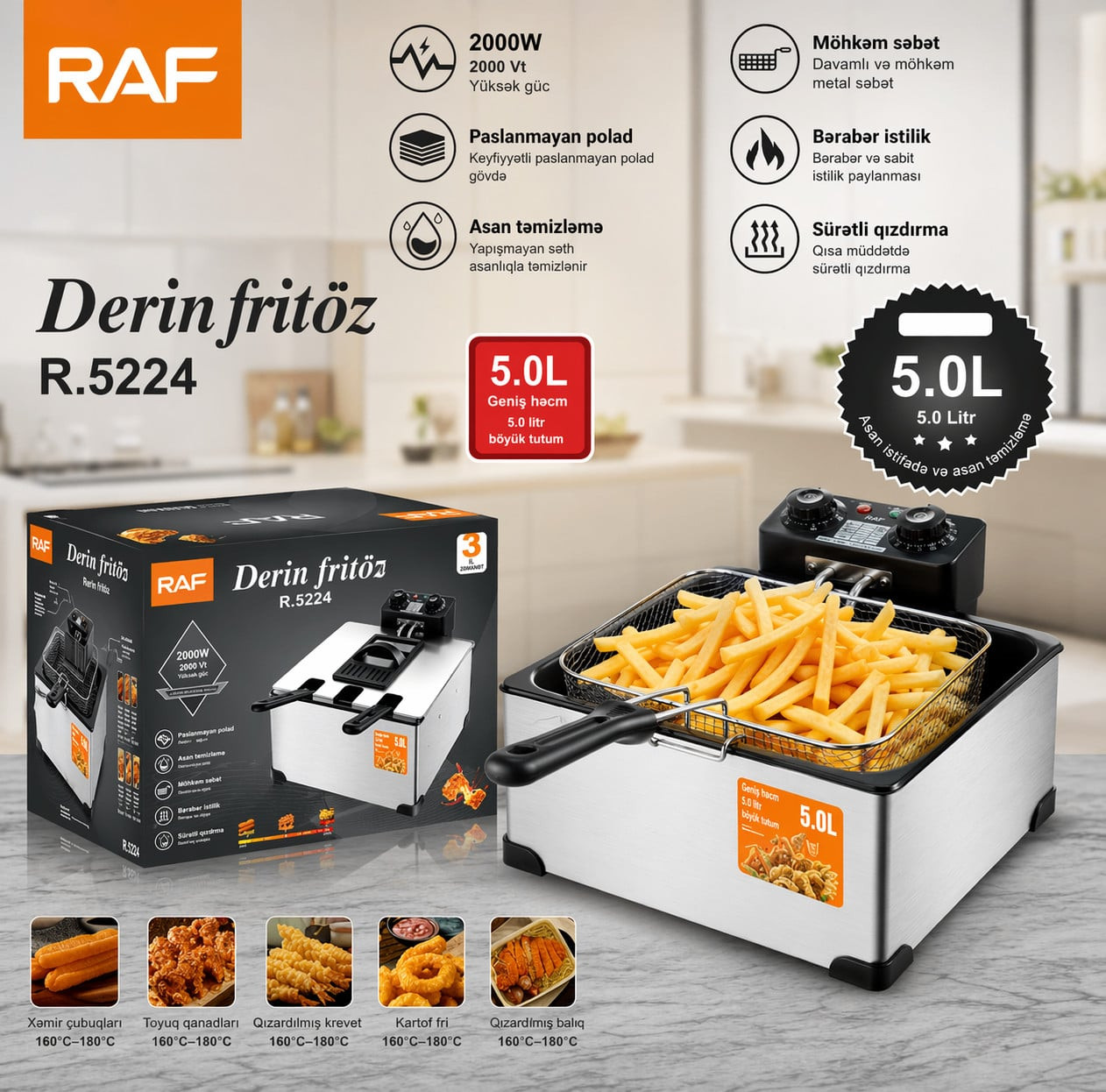 Fritür RAF R.5224 2000 W 5 L Paslanmayan polad — 1
