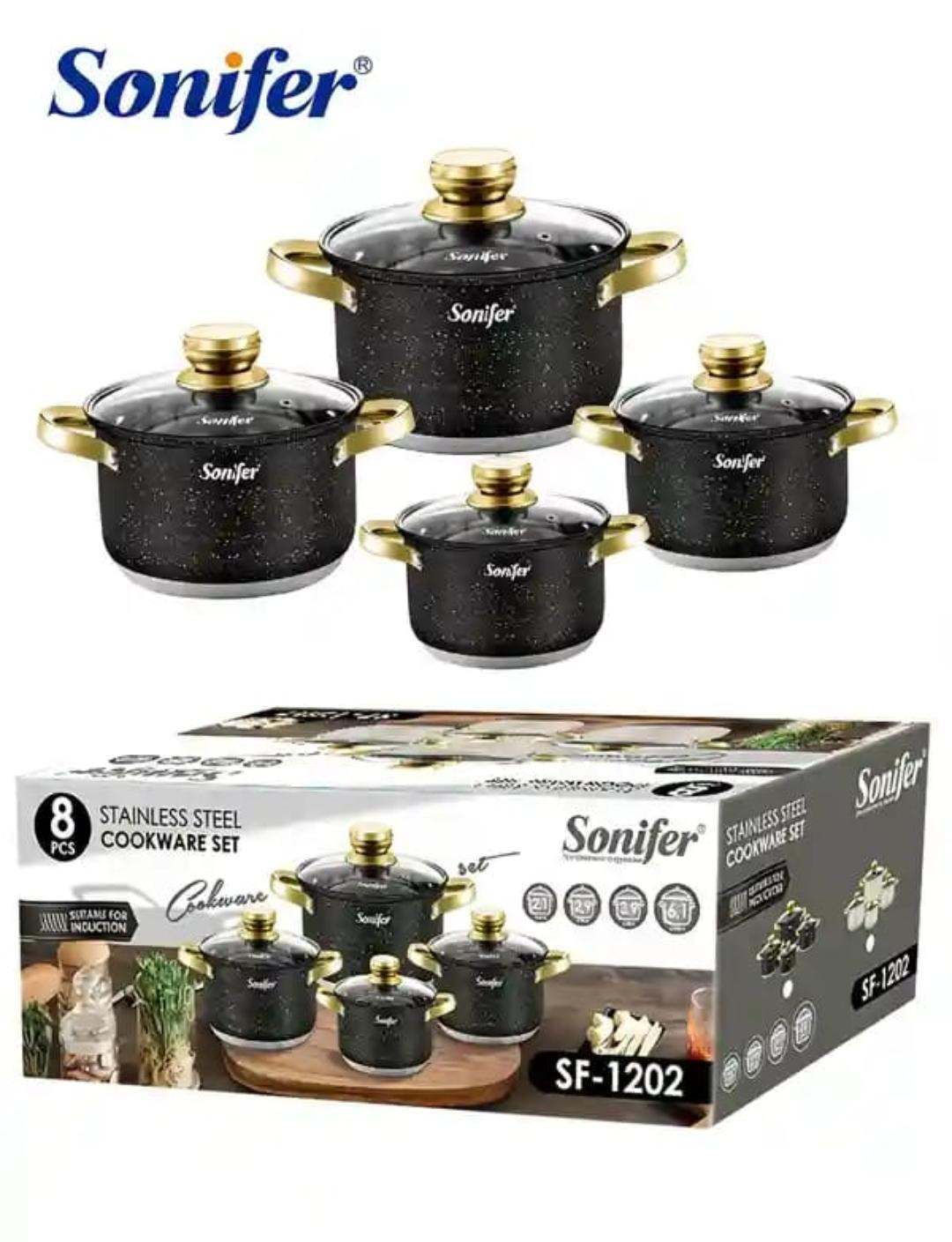 Qazan dəsti Sonifer SF-1202, paslanmayan polad, qara, 8 parça — 1