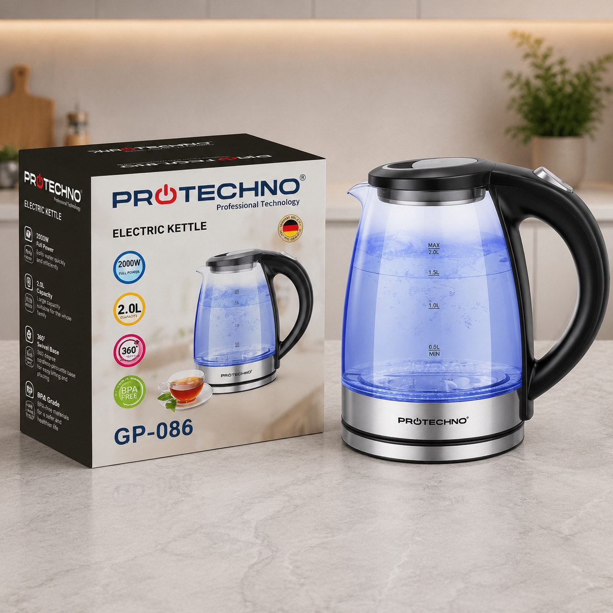 Elektrik çaydan Protechno TRNDRR1204124T, 2 l, 2000 Vt — 1