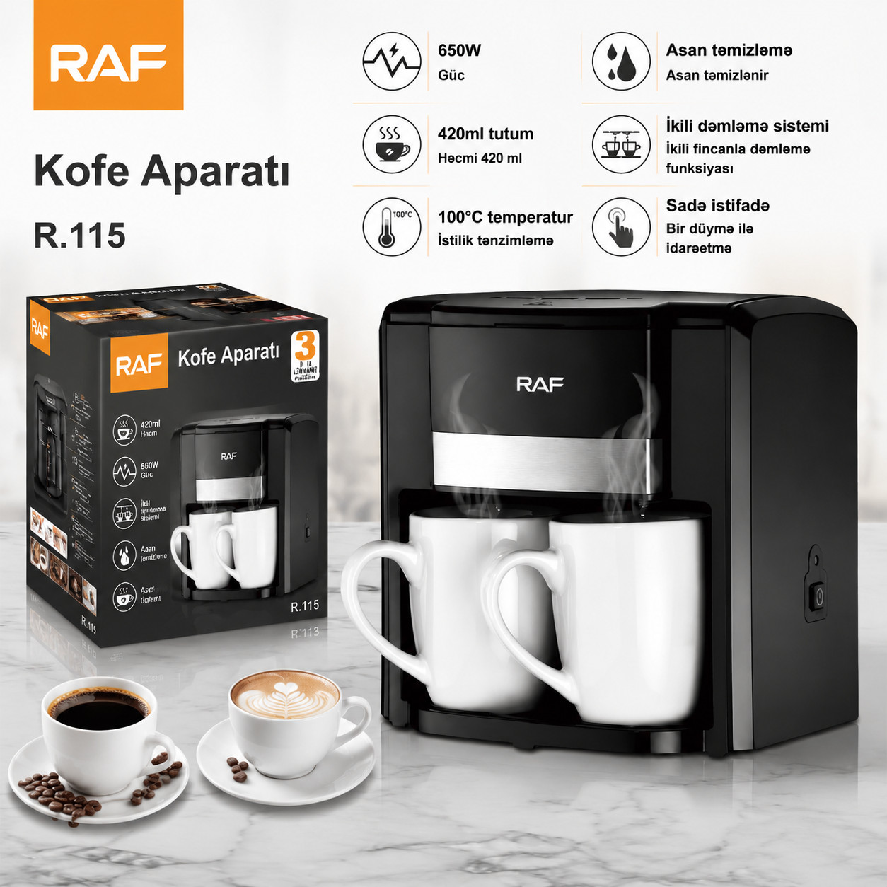 Qəhvəbişirici RAF R.115 Dənələr, Kapsullar Elektrik cezve Qara 650 Vt — 1