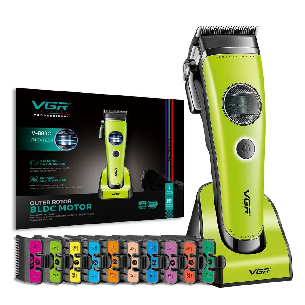 Saç qırxan maşın VGR V-880C, peşəkar, simsiz, BLDC rotor, keramika bıçaqlar, geniş aksesuar dəsti - VGR V-880C Green GS — 1