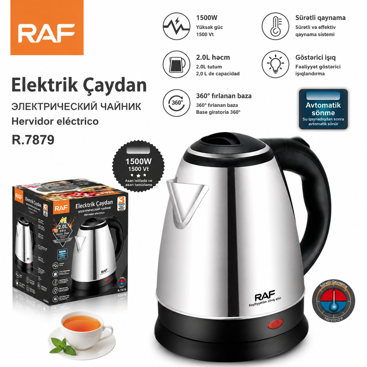 Elektrik çaydan RAF R.7879 2 l Gümüşü Qara 1500 Vt — 1