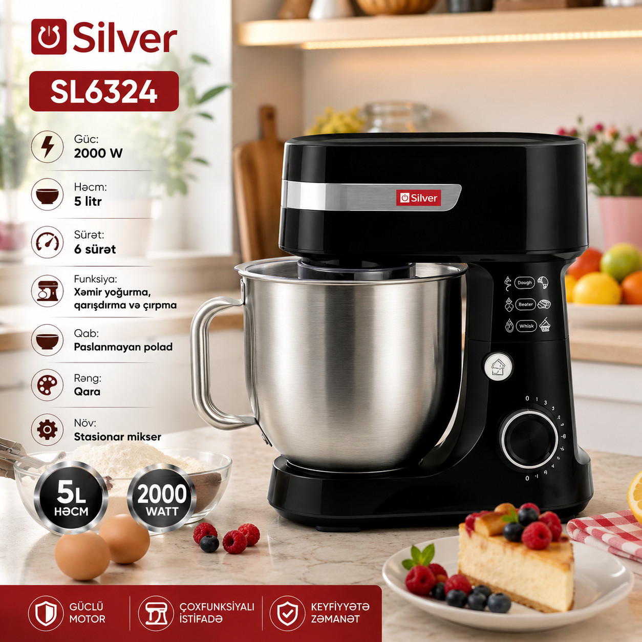 Mikser Silver SL-6324, stasionar, 2000 Vt, 6 sürət, qara — 1