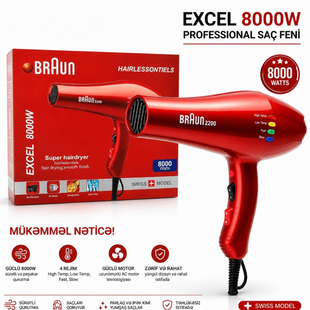 Fen EXCEL, 8000 Vt, Qırmızı, 2 taxma — 1