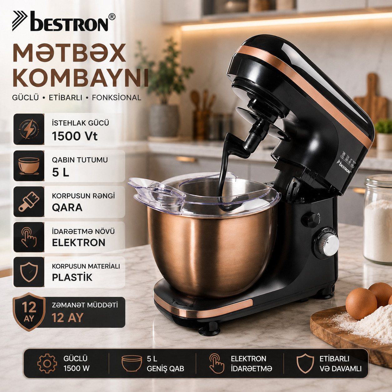 Stasionar mikser Bestron 15-00 1500 W 5 sürətli qara — 1