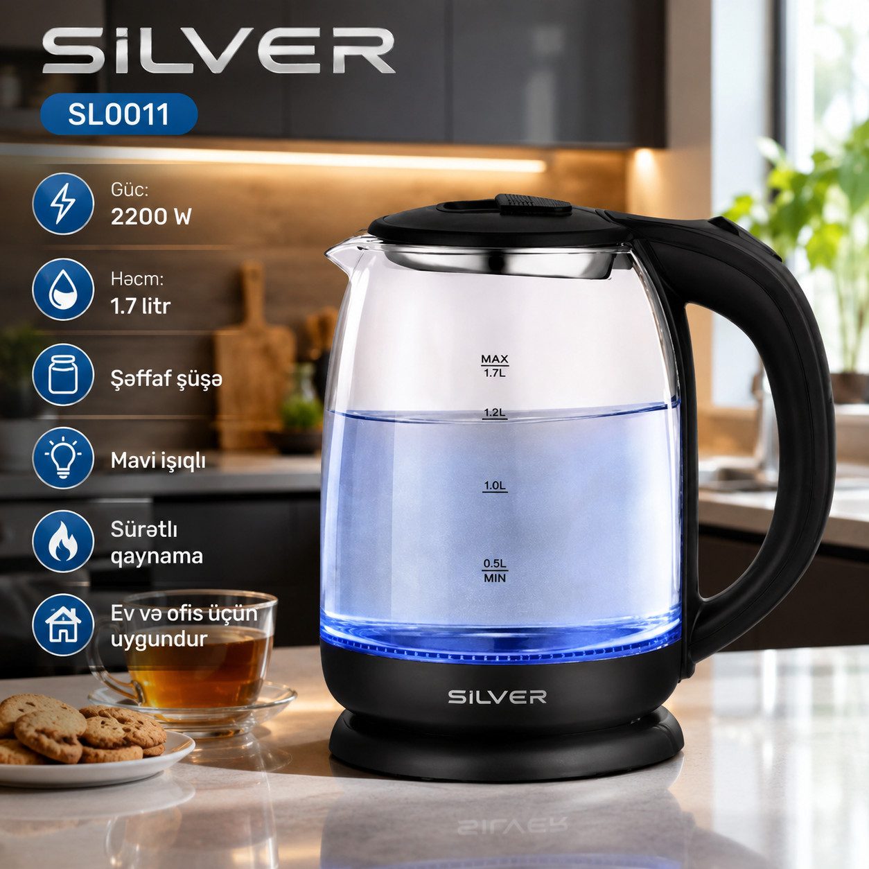Elektrik çaydan Silver SL0011, 1.7 L, Qara, 2200 Vt — 1