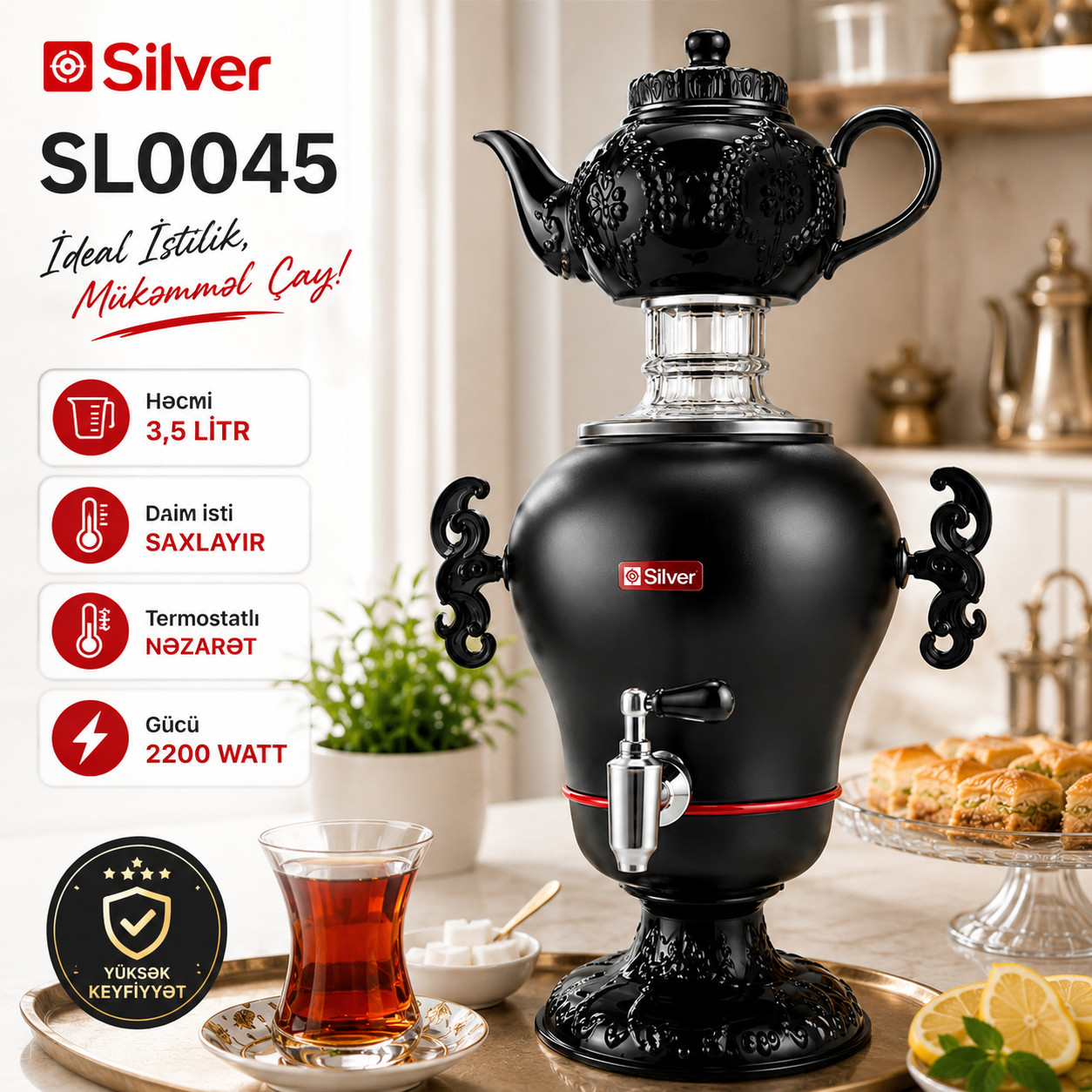 Samovar Silver SL-0045, 3.5 l, 2200 W, qara — 1