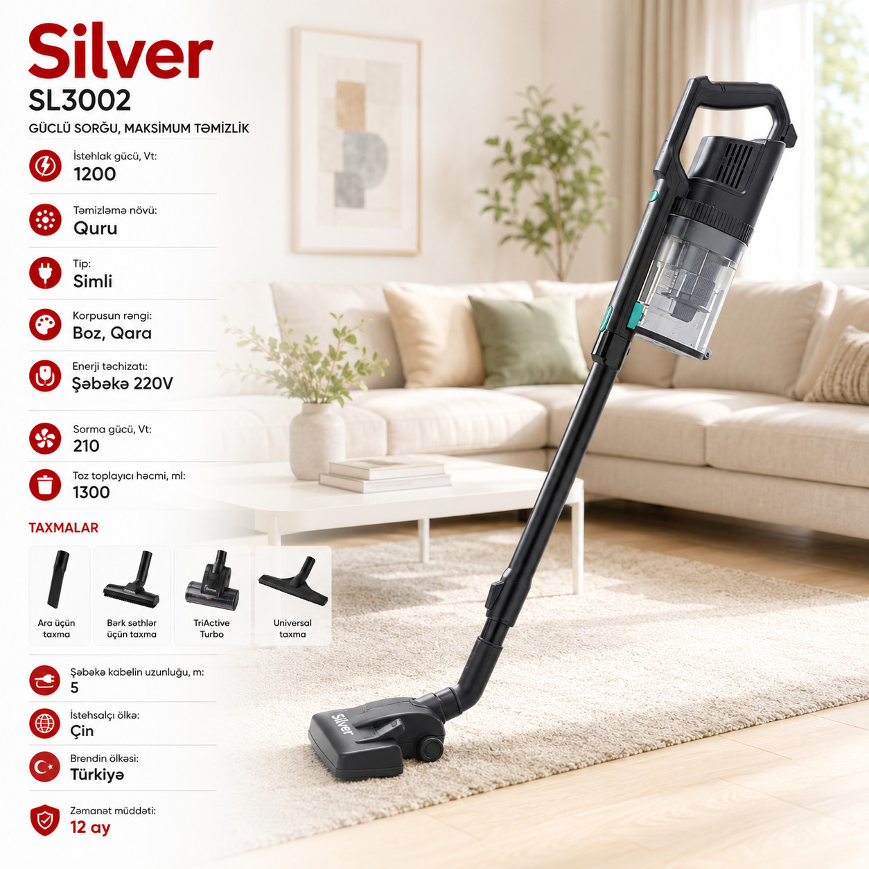 Vertikal tozsoran Silver SL-3002 quru 1200 W boz-qara — 1