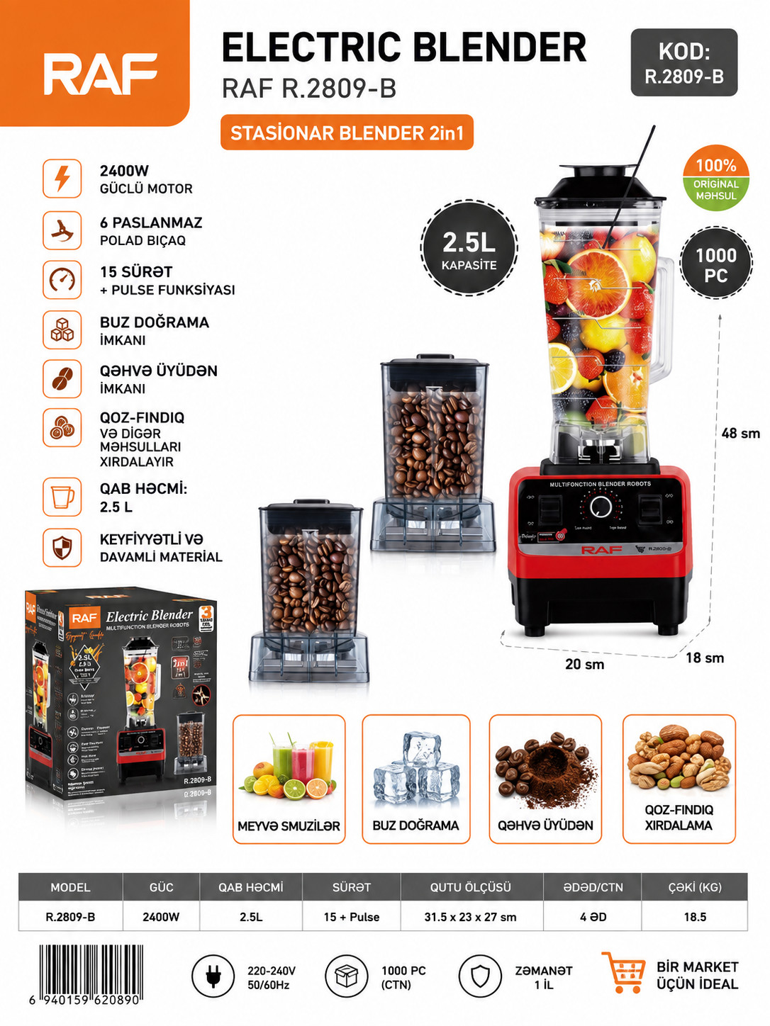 Blender RAF R.2809 2400 W 2.5 l qırmızı-qara — 1
