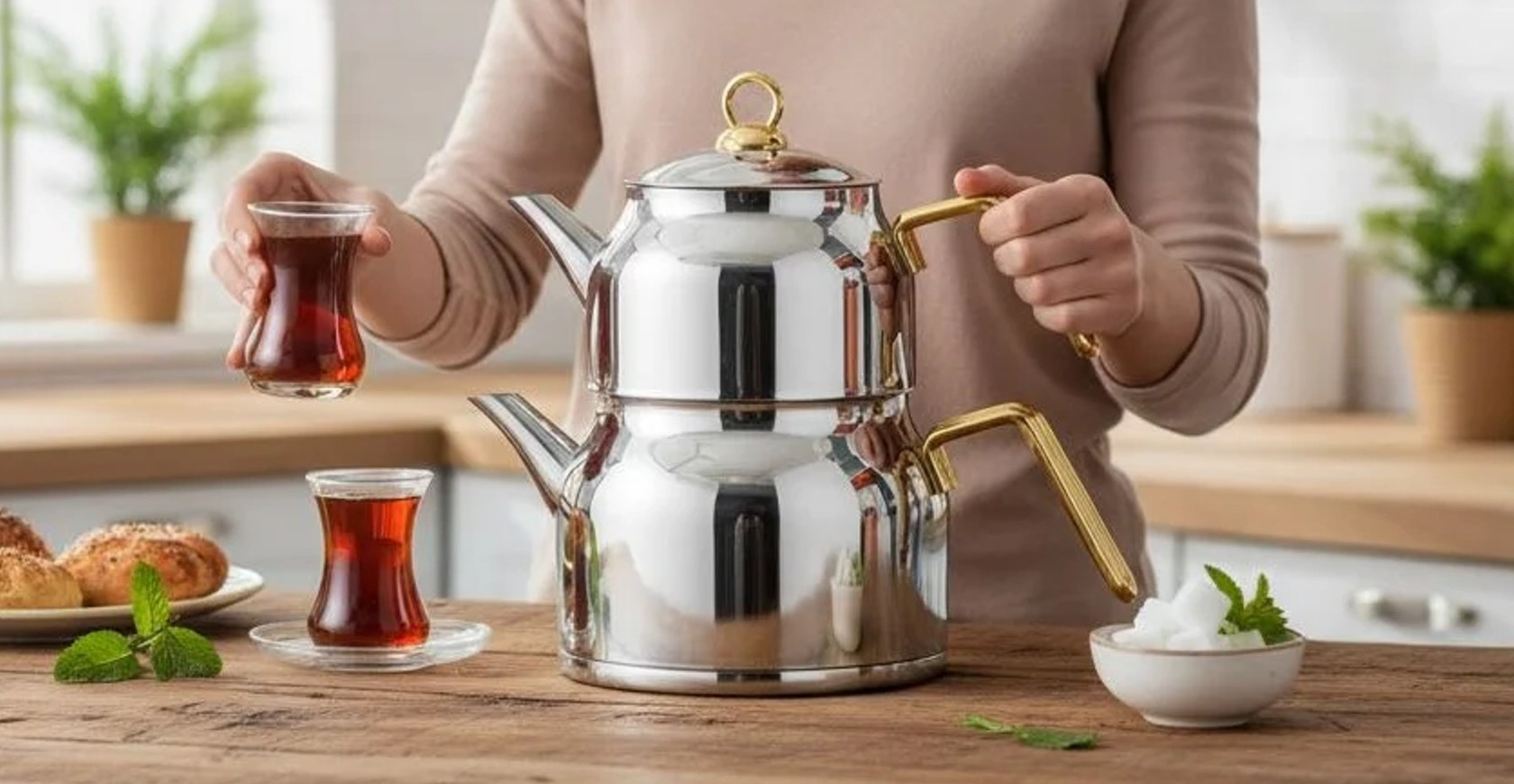 Çaydan dəsti 18/10 304, paslanmayan polad, gümüşü/qızılı, 1.4/2.2 l — 1