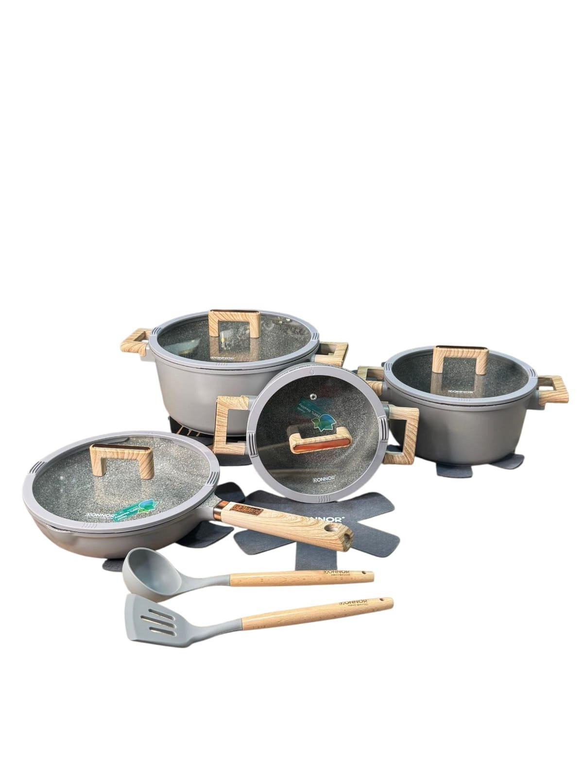 Qazan dəsti DN-JL, 12 parça set, 4 mm qalınlıq, silikon çərçivəli qapaqlar, qazanlar 20-24-28 sm, tava (qapaqlı) 26 sm, 2 müxtəlif silikon qaşıq, 2 ədəd qazan altlığı, boz - TW-RZ3 — 1