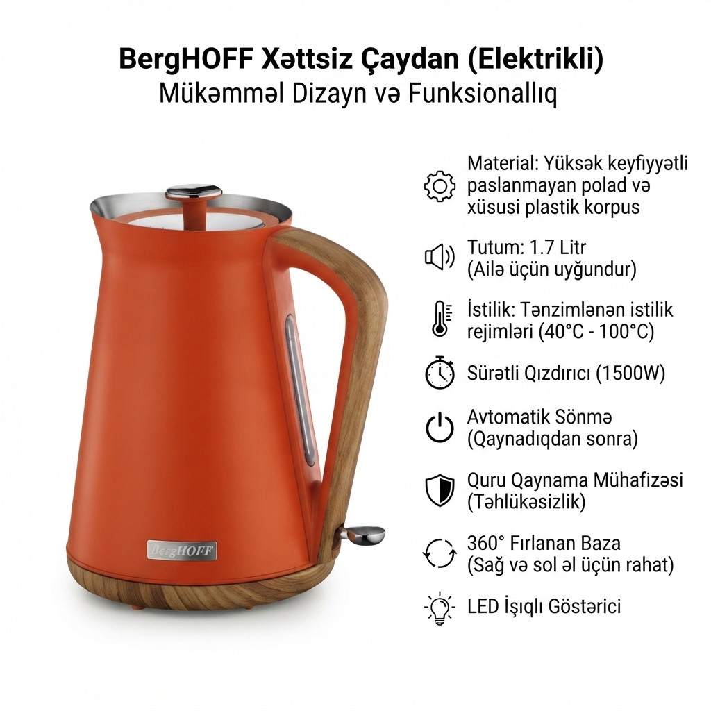 Elektrik çaydan BergHoff, 1.7 l, Narıncı, 1500 Vt — 1