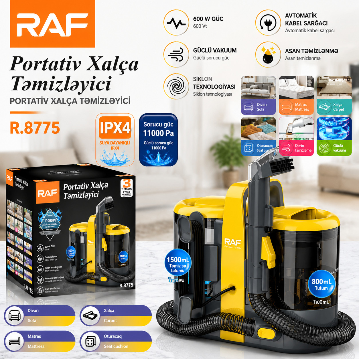 Buxar təmizləyicisi RAF R.8775 TRNDR124214T 600 Vt Buxar ilə 90° bucaqlı taxma, Ara üçün taxma, Döşəmə üçün fırça, Döşəmə üçün taxma, Kiçik yumru taxma-fırça, Güclü soplo Sarı — 1