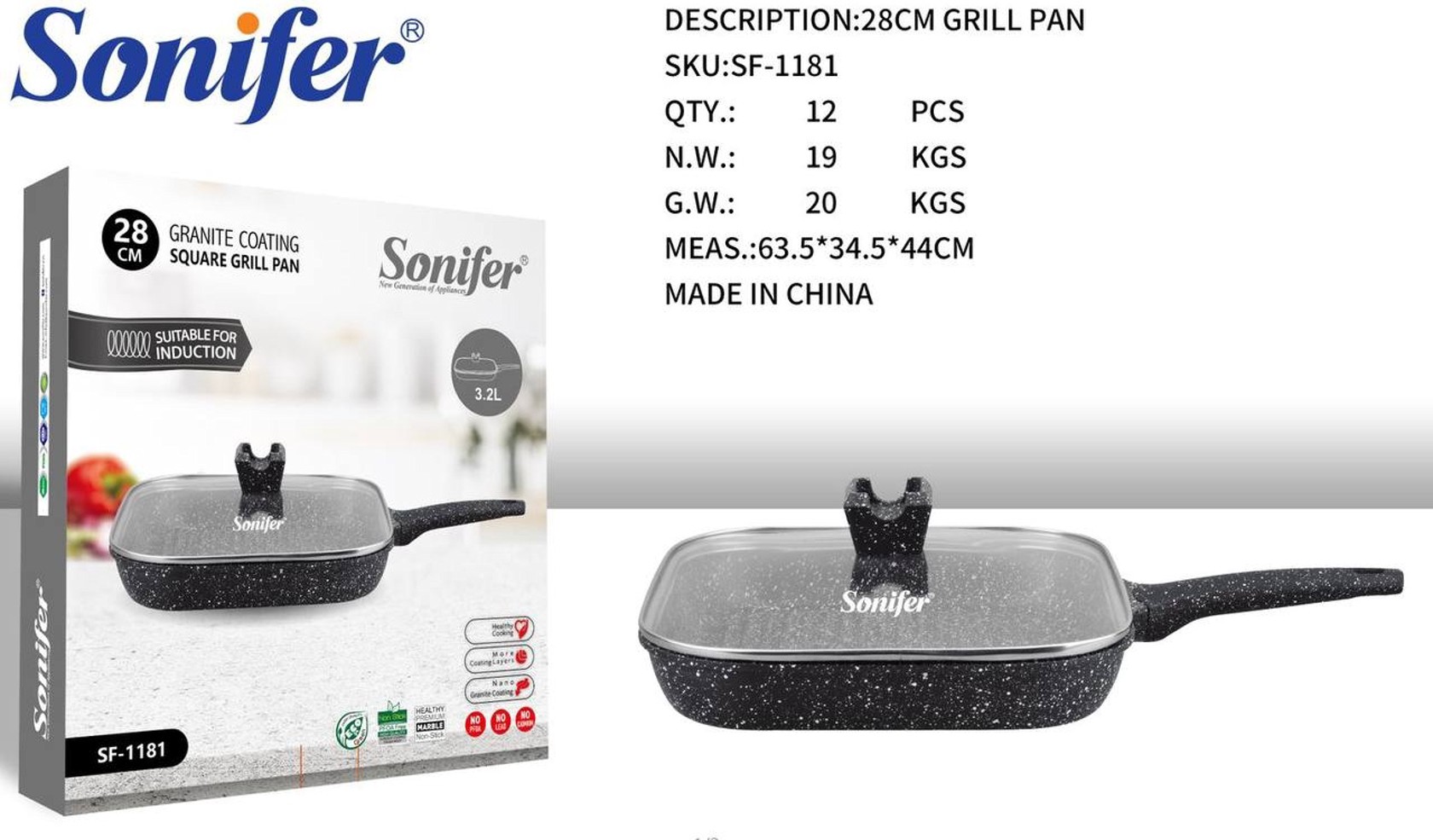 Tava Sonifer SF-1181, 28 sm, Alüminium, Kvadrat, Qril tavasi, Qapaqlı, Qopmayan örtük, İnduksiya uyğundur — 1
