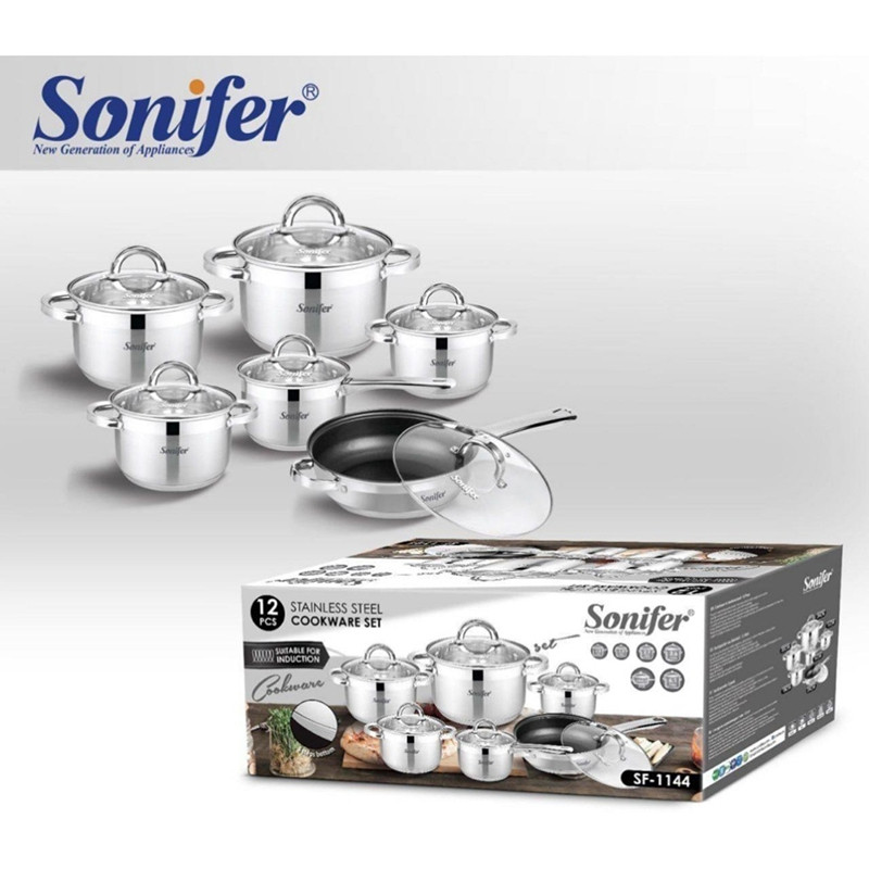 Qab-qacaq dəsti Sonifer SF-1144, paslanmayan polad, gümüşü, 12 parça — 1