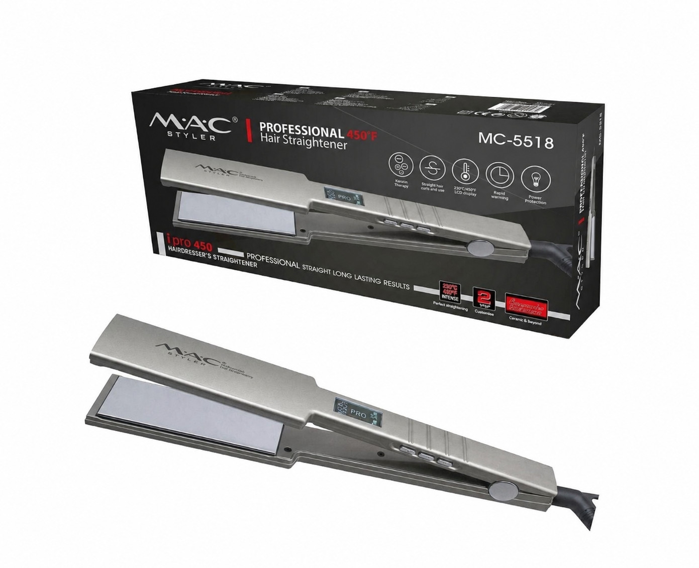 Saç üçün düzləşdirici MAC Styler MC-5518 45W, displeyli, gümüşü 2 m — 1