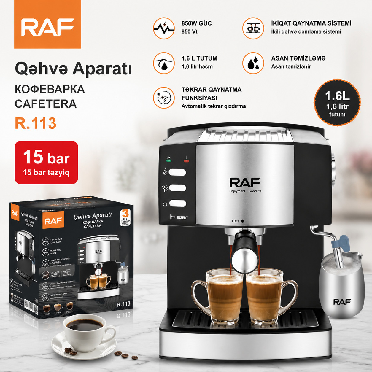 Qəhvə maşını RAF R.113 Damcılı Borulu Kapsullar Dənələr Boz 850 Vt 1.6LT