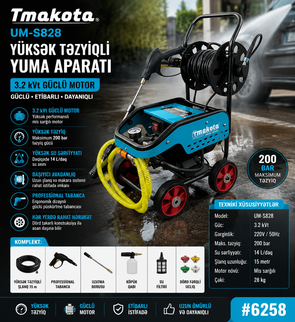 Yüksək təzyiqli yuyucu Tmakota UM-S828, 3200 Vt, 290 bar — 1