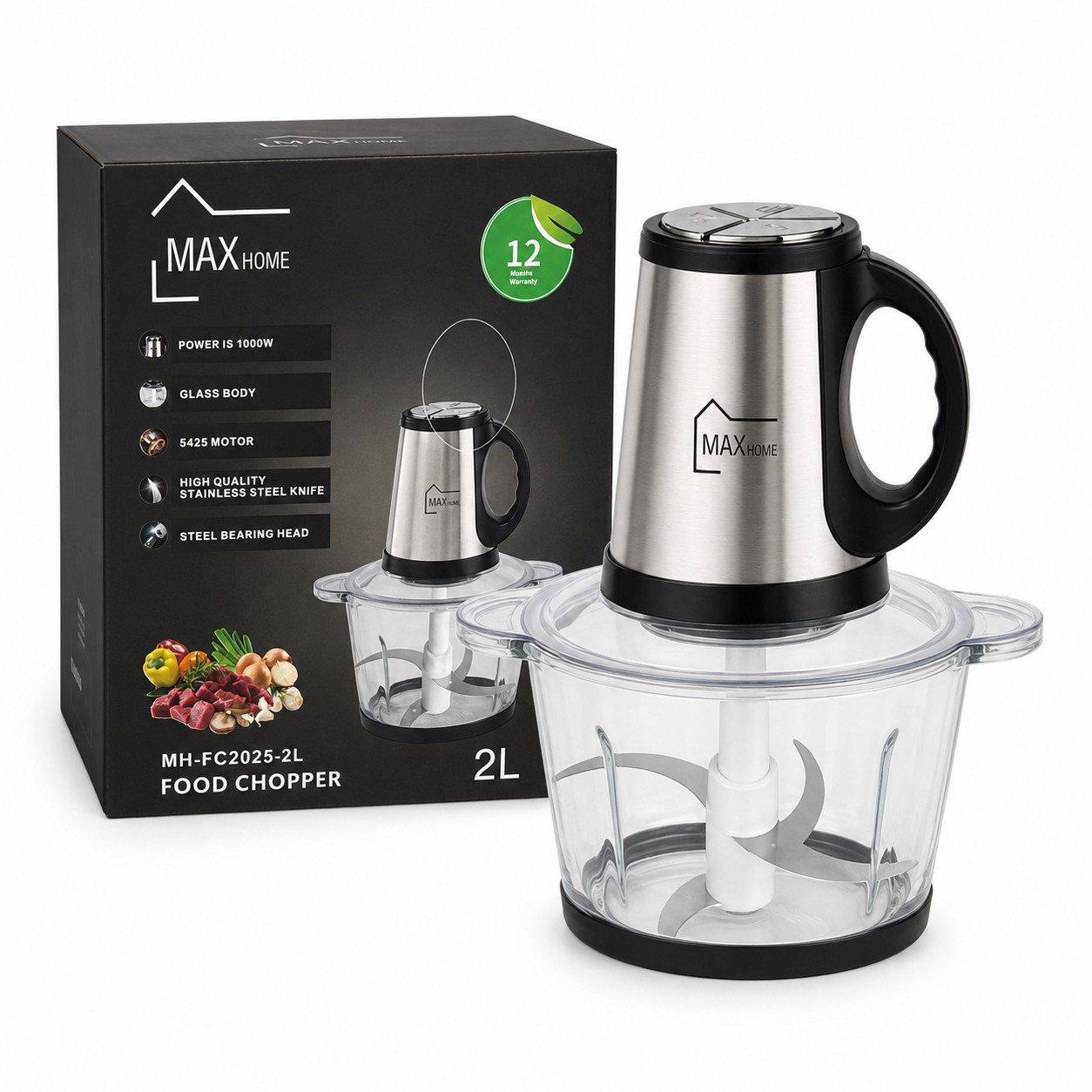 Mətbəx kombaynı və doğrayıcı MAXhome MH-FC2025-2L 1000 W 2 l gümüşü-qara — 1